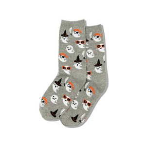 Gray socks with Halloween-themed dog illustrations on a white background