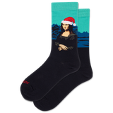Mona Lisa wearing a Santa hat on a sock with a blue background