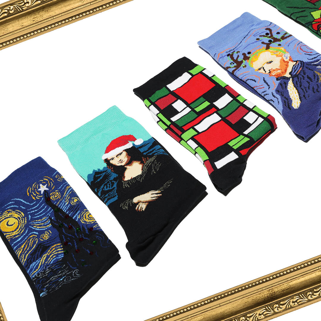Collection of socks with artistic designs inspired by famous paintings on a white background