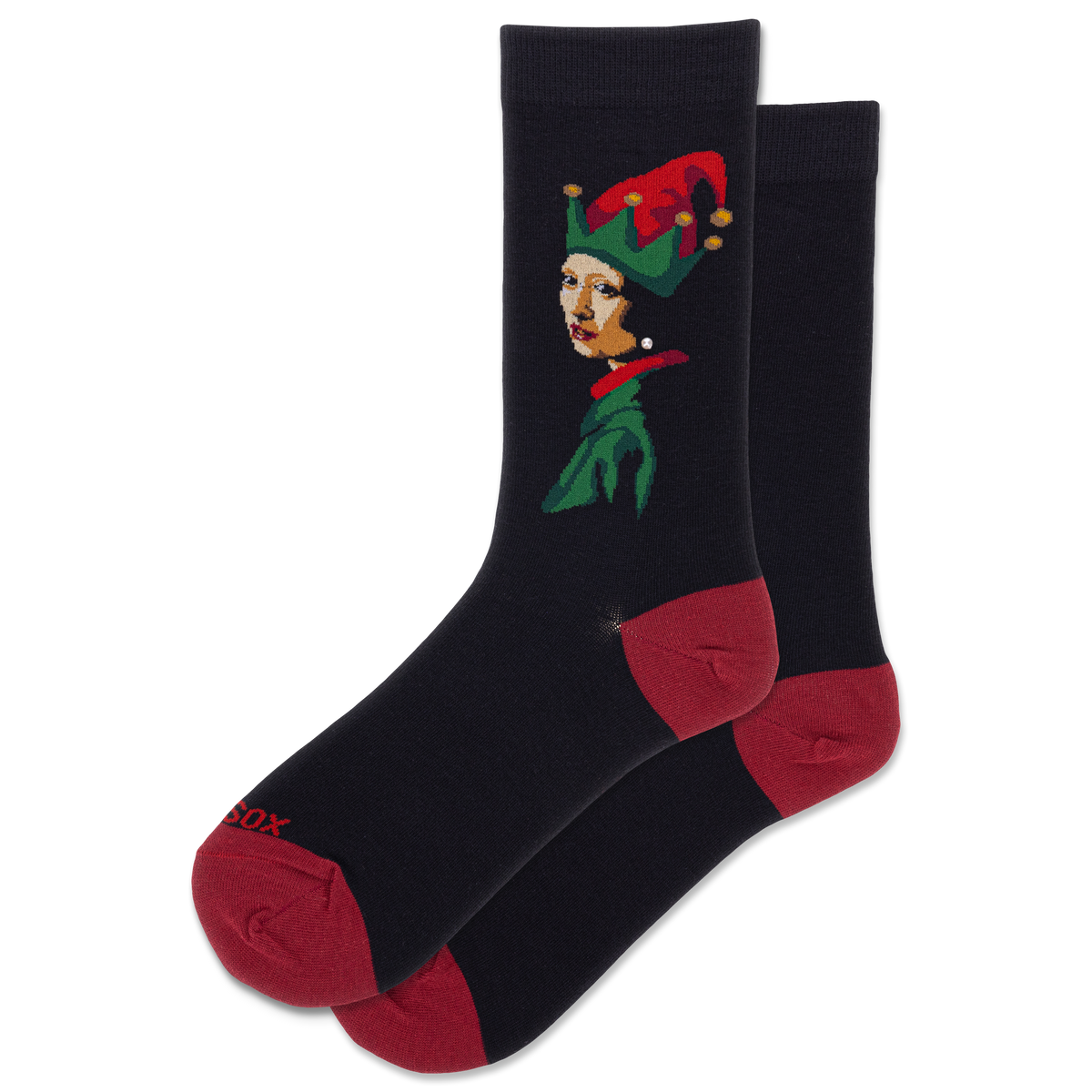 Black socks with a colorful elf design on a white background