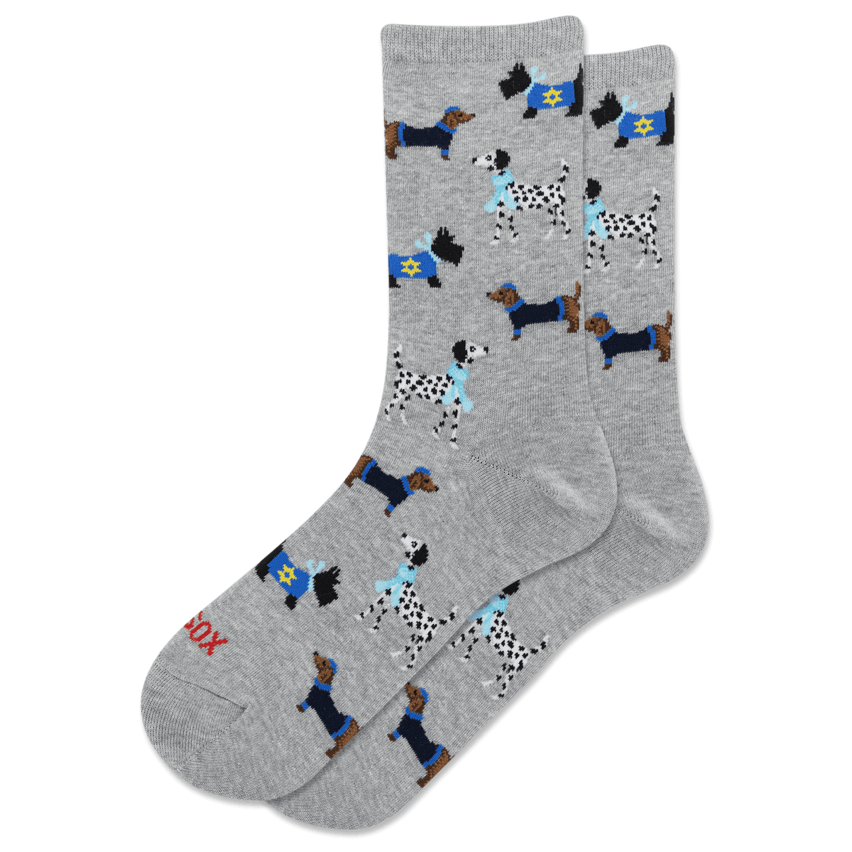 A pair of heather gray crew socks featuring an all-over pattern of various dogs in navy blue and black Hanukkah-inspired outfits, with one sock showing the red text 'HOTSOX' near the toe.