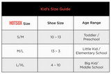 Hot Sox size guide for kids with shoe size and age range information. thumbnail