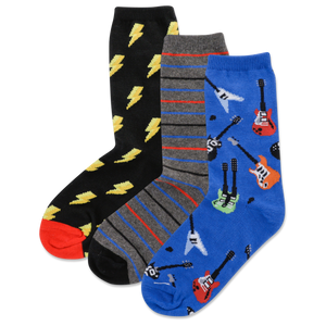 HOTSOX Kid's Electric Guitars, Lightning Bolt, Stripe 3 Pack Crew Socks