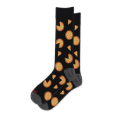 A pair of black crew socks with a repeating pattern of pizza slices and whole pizzas, featuring gray heels and toes and a small red brand logo on the sole. thumbnail