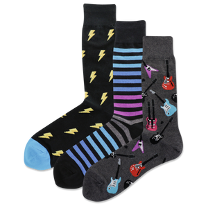 Three pairs of socks with different patterns on a white background