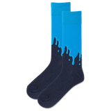 A pair of men's crew socks with a paint drip design, featuring blue on the top and black on the bottom.
