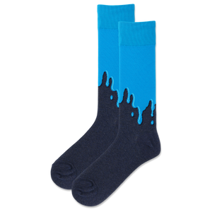 A pair of men's crew socks with a paint drip design, featuring blue on the top and black on the bottom.