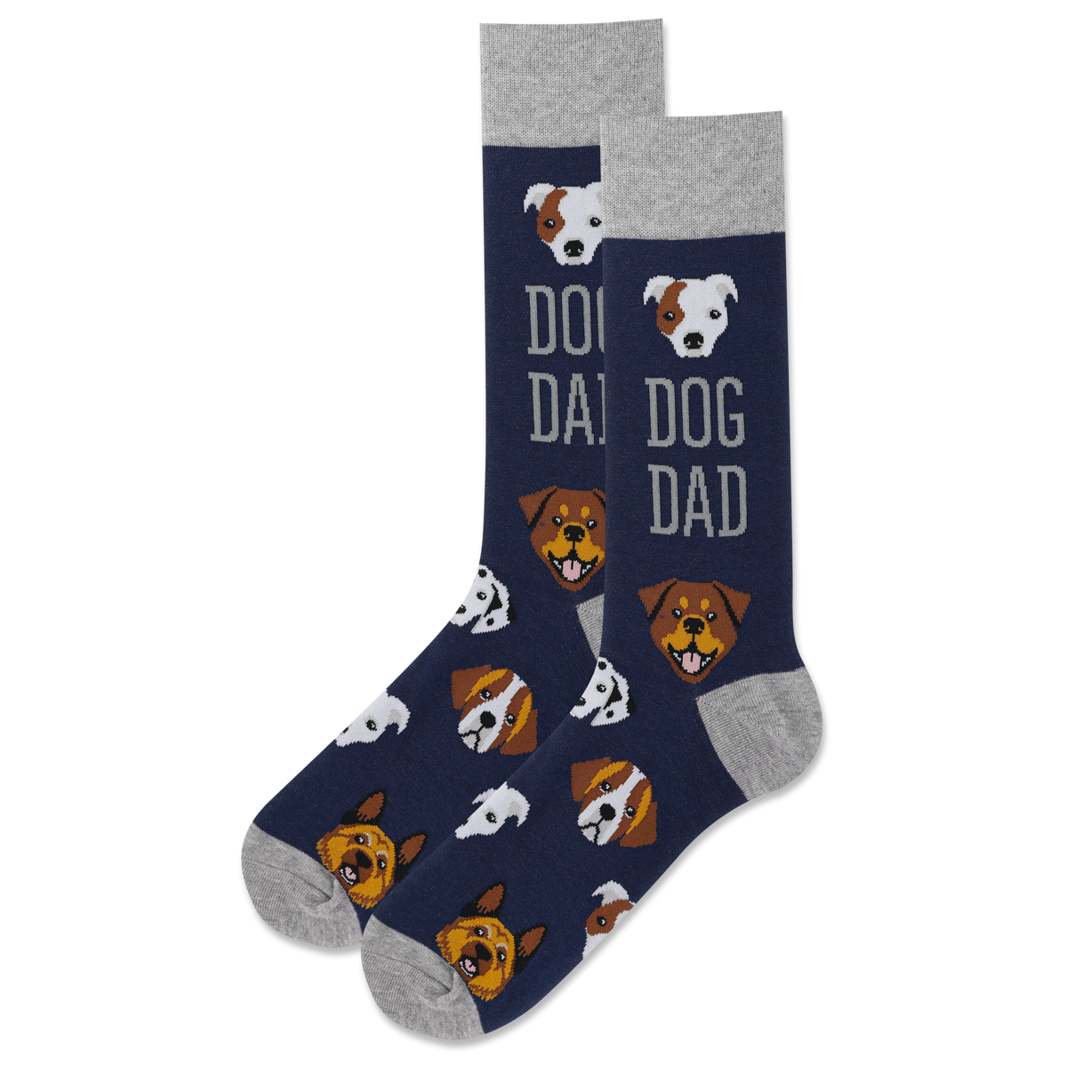 A pair of navy blue crew socks with a gray heel, toe, and cuff, featuring a repeating pattern of dog faces and the words 'DOG DAD' in gray.