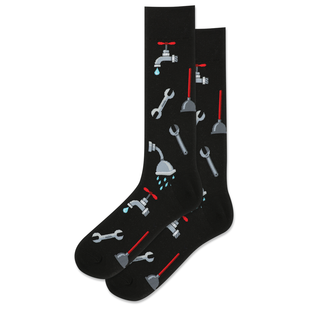 Black socks with plumbing-themed design on a white background