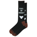 Black socks with white text and brown accents on a white background