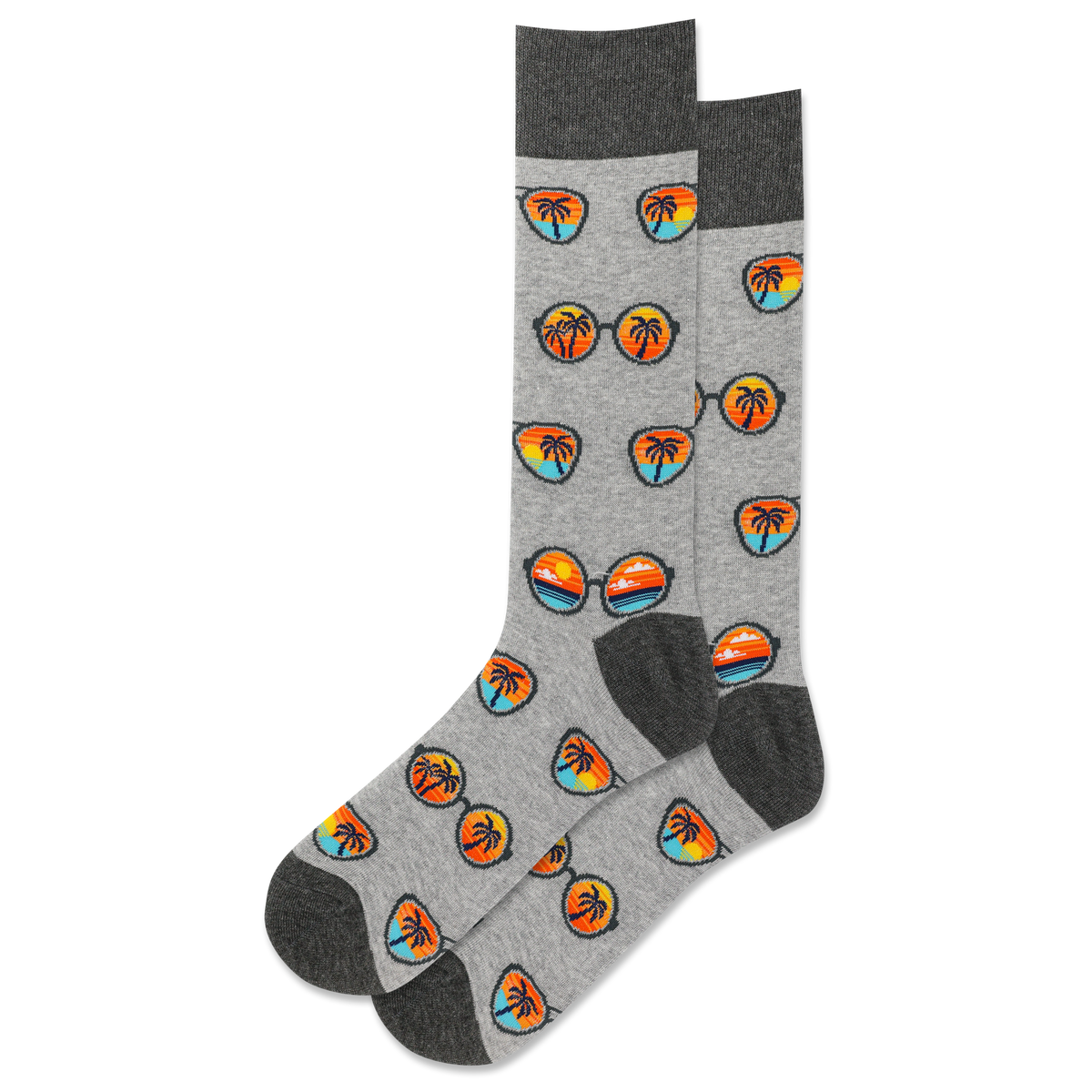 A pair of gray crew socks with a pattern of sunglasses and beach scenes in multicolor.