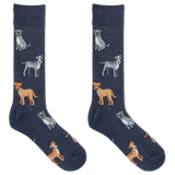 A pair of navy blue crew socks with an all-over pattern of cartoon dogs in various breeds and colors, shown against a plain white background.