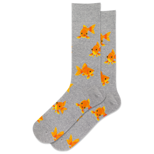 HOTSOX men's gray heather crew socks with a goldfish pattern on it.