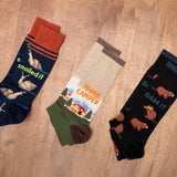 Three pairs of socks with humorous designs on a wooden surface thumbnail