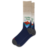A pair of crew socks with a dark navy blue lower half, gray heels and toes, and a beige upper half featuring a graphic of mountains, pine trees, and the text 'I'd Hike That'. thumbnail
