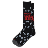A pair of black crew socks with a gray and red graphic design featuring dumbbells and the text 'PRACTICE SAFE SETS' in red and gray. thumbnail