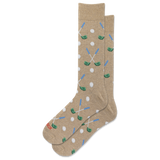 A pair of beige crew socks with a golf-themed pattern of crossed green and blue clubs, white golf balls, and green tees, shown on a plain white background.