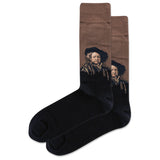 Black socks with a portrait design on a white background
