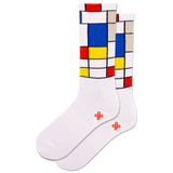 White socks with colorful geometric pattern on a white background