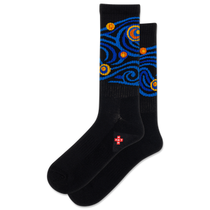 Black socks with blue and orange pattern on a white background