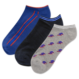 Three pairs of men's socks with a lightning bolt pattern, featuring different colors primarily in blue and gray.