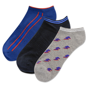 Three pairs of men's socks with a lightning bolt pattern, featuring different colors primarily in blue and gray.