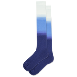 Collection of socks including a blue gradient compression sock and gray and blue striped no show socks on a white background