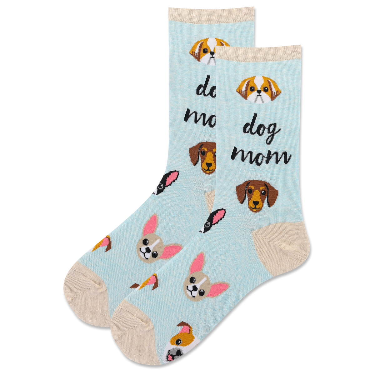 A pair of light blue crew socks with a 'dog mom' theme, featuring cartoon dog faces, and black script text saying 'dog mom,' shown on a plain white background.