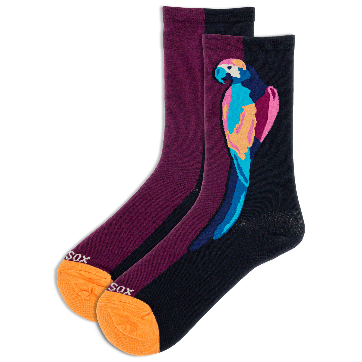 A pair of colorblock crew socks with a parrot design on a purple background, with the HOTSOX brand logo visible.