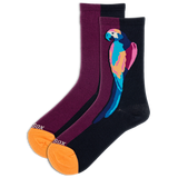 A pair of colorblock crew socks with a parrot design on a purple background, with the HOTSOX brand logo visible.
