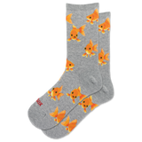 A pair of heather gray crew socks with a repeating pattern of cute orange cartoon goldfish, shown on a plain white background.