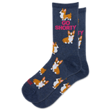 A pair of navy blue crew socks featuring a repeating pattern of corgi dogs and the pink text 'GO SHORTY'. thumbnail