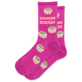 A pair of bright pink crew socks featuring a cinnamon roll pattern and the text 'DEM BUNS DOUGH' in light pink, shown on a plain white background.