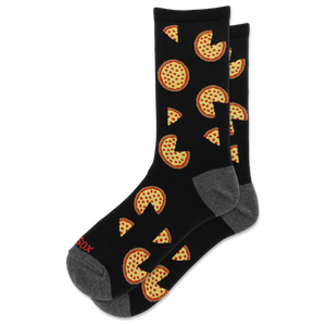 A pair of black crew socks with a repeating pattern of pizza slices missing a corner, resembling the game Pac-Man, with gray heels, toes, and soles. The brand name 'SOX' is printed in red on the toe area.