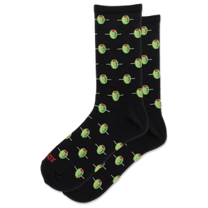 A pair of black crew socks with a repeating pattern of green cactus sponges with red tops, displayed on a clean white background.