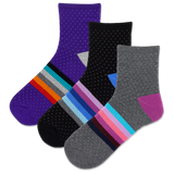 Three pairs of women's ankle socks with striped patterns and dots, displayed in a stacked arrangement.
