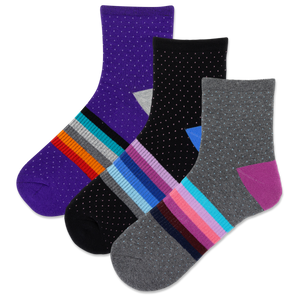 Three pairs of women's ankle socks with striped patterns and dots, displayed in a stacked arrangement.
