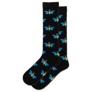 Black socks with blue butterfly patterns on a white background