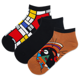 Three pairs of women's ankle socks with abstract geometric patterns in a variety of colors, positioned side by side.