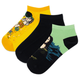 Three pair pack of HOTSOX low cut socks featuring Kandinsky's "The Kiss" and Leonardo da Vinci's "Mona Lisa"
