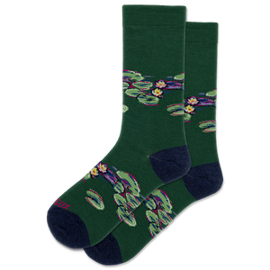 HOTSOX women's green socks featuring lily pads from a famous painting and navy accents on the heel and toe.