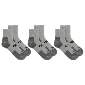 Three pairs of gray socks with black accents on a white background