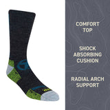 Black sock with green accents on a white background, featuring text about sock features.