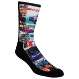 Colorful sock with graphic designs on a white background
