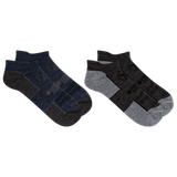 Two pairs of socks, one black and gray, the other blue and gray, on a white background. thumbnail