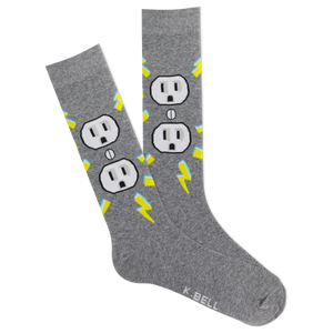 A pair of men's crew socks with a shocked face and electrical outlet design, primarily in gray color with yellow and blue accents.