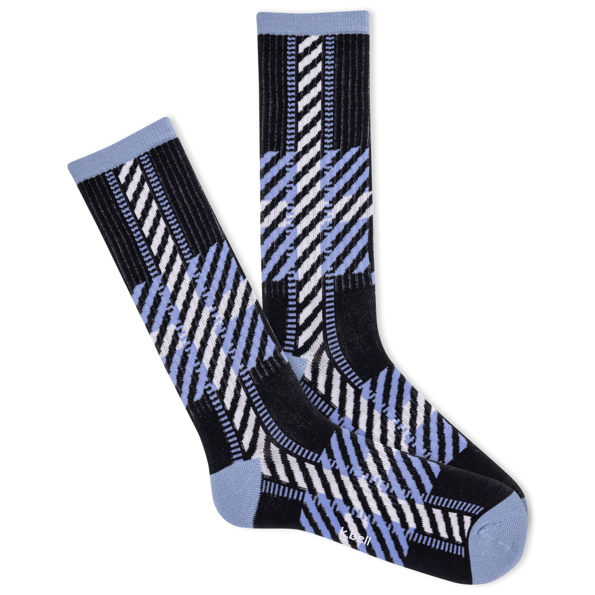 Pair of black, blue, and white patterned socks on a white background