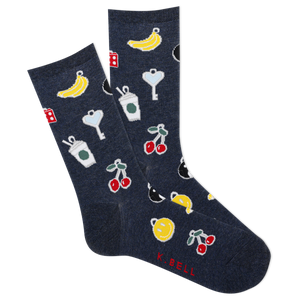 A pair of navy blue crew socks with various colorful patterns including a banana, cherries, a mug with whipped cream, a lemon, and other novelty items.