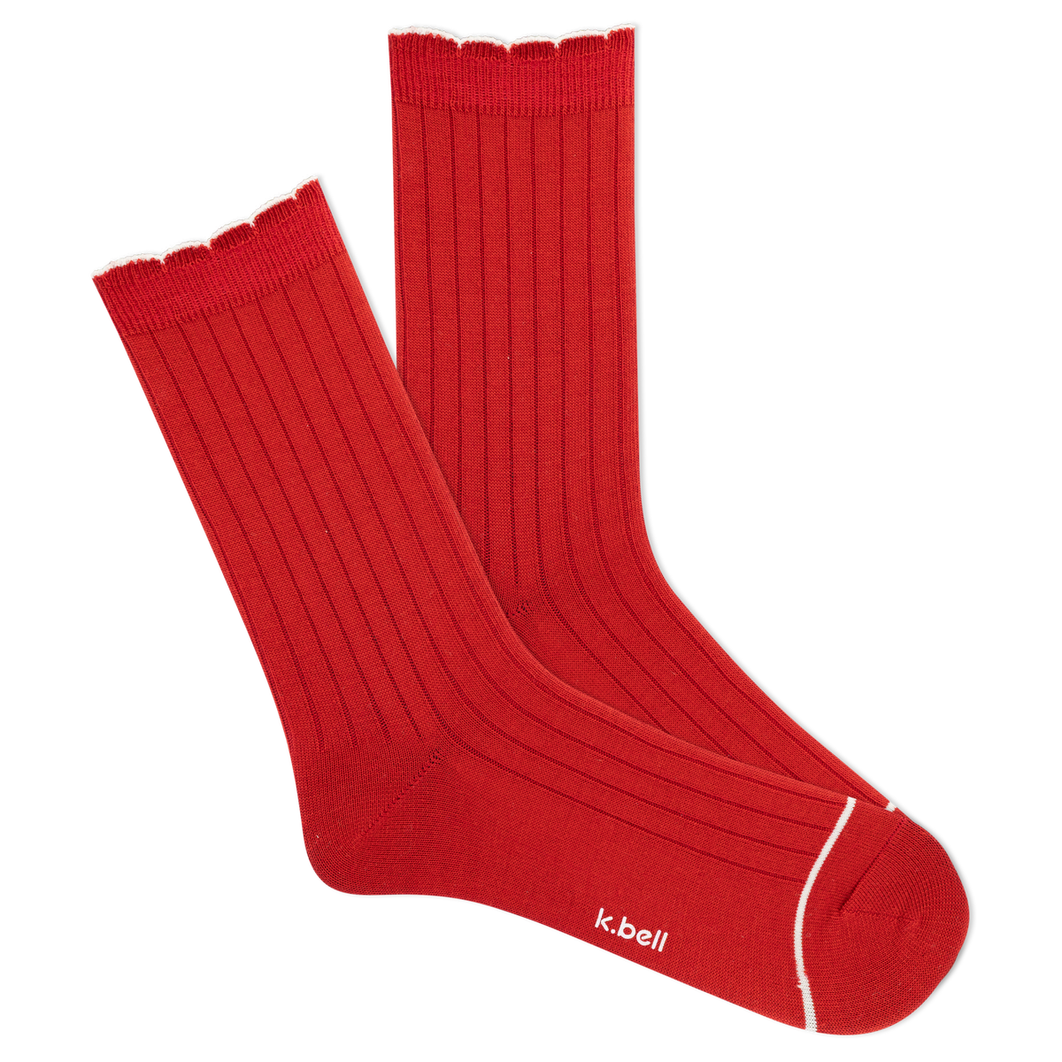 Red ribbed socks with white trim on a white background