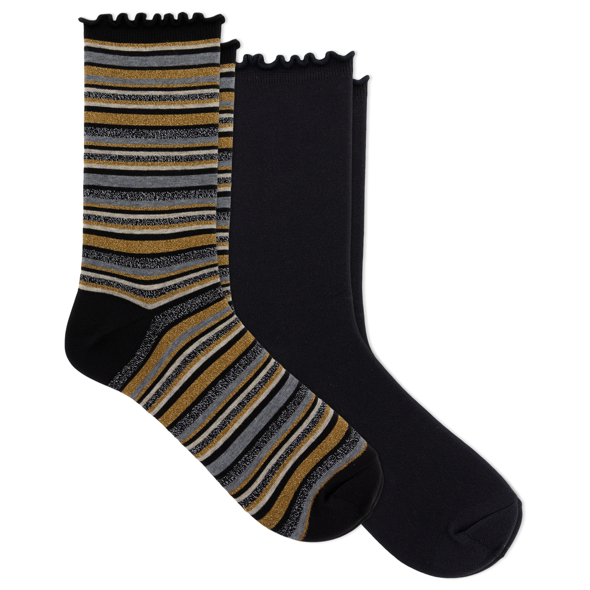 Two pairs of crew socks on a plain white background. One pair is solid black with a ruffled cuff, and the other pair has horizontal stripes in black, gray, and metallic gold with a ruffled cuff.